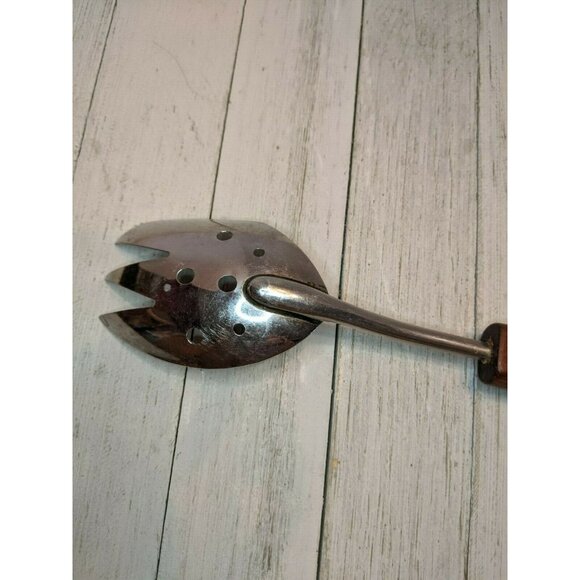 Stainless Steel  Slotted Spoon Fork Spork 10 1/2" Wood Handle Salad Drains - Picture 6 of 6
